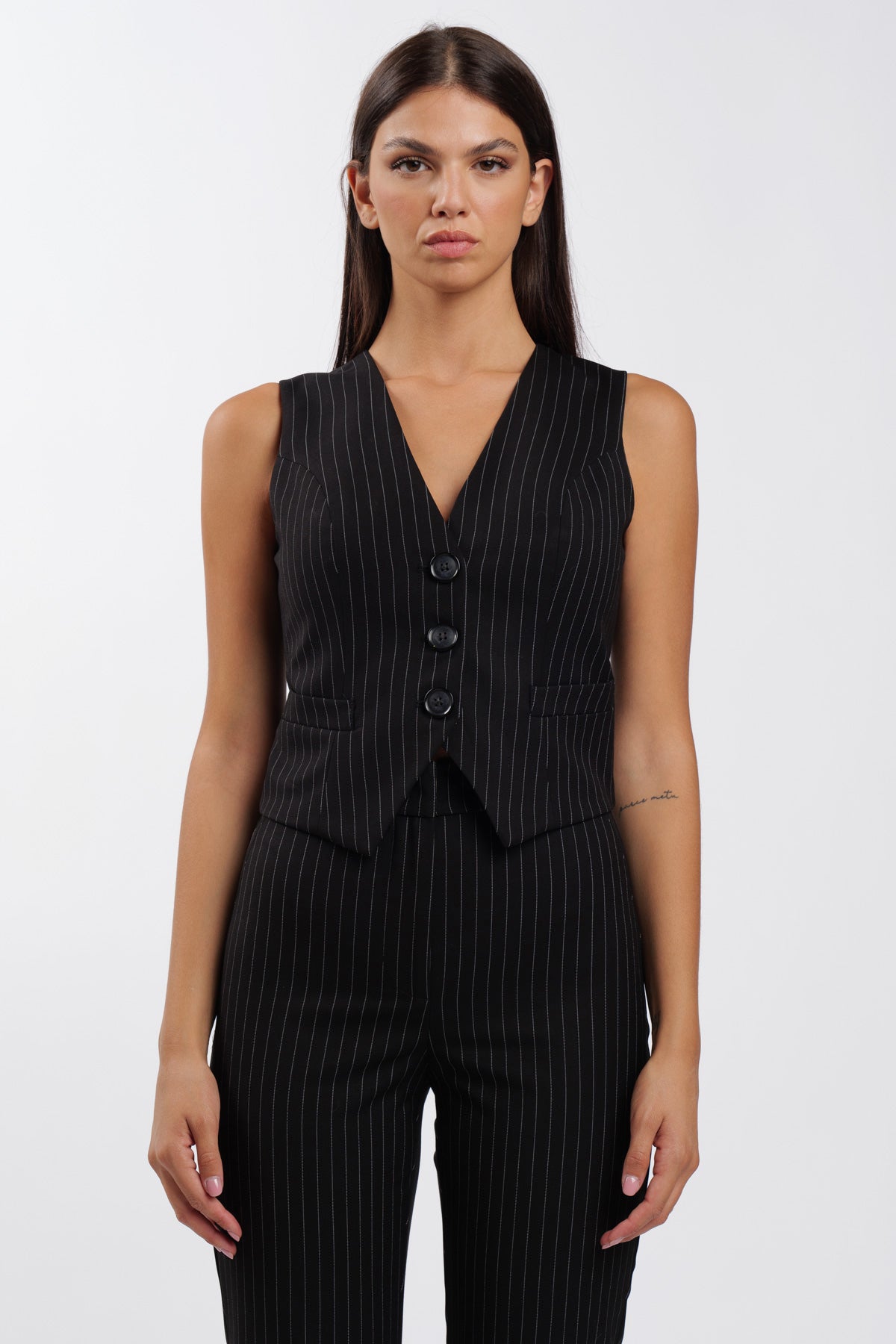 Black Basic Pinstripe Vest