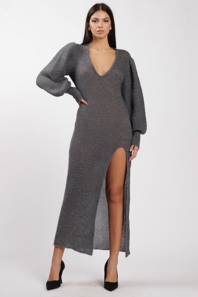 Wool Slit Dress Grey